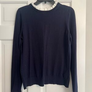 navy Boden sweater with lace on sleeve